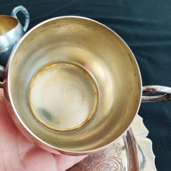Vintage Set of 2 Trays, 1 Sugar Bowl & 1 Creamer Cup, Silverplate EP Copper - Picture 11 of 16